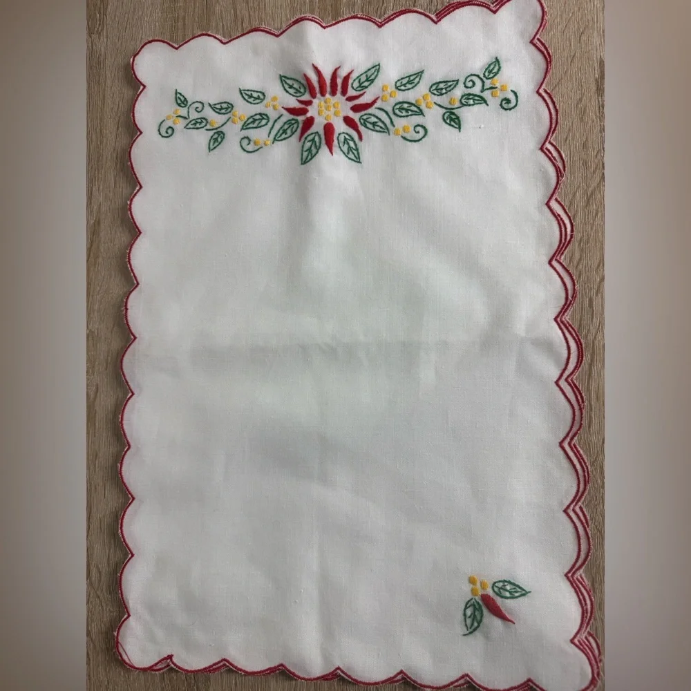 Vintage Lot Of 6 Embroidered Floral Handkerchief Napkin Red Scalloped Trim White
